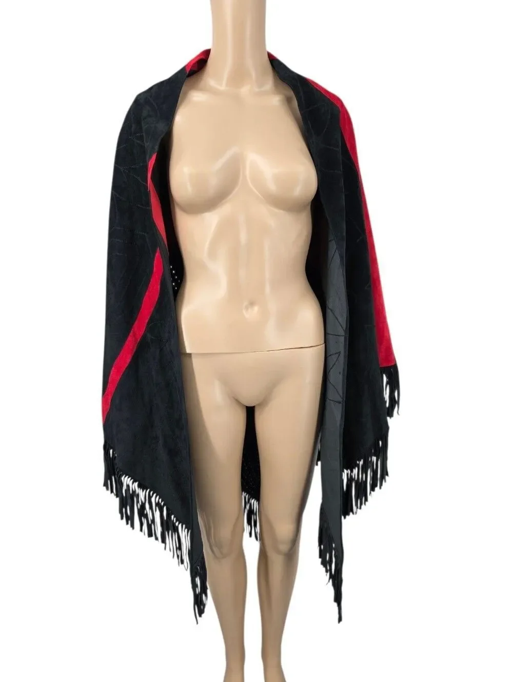 Vintage Black & Red Suede Nubuck All Leather Fringe Shawl Embroidered